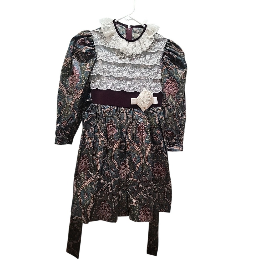 JAYNE COPELAND Girl Sz 8 Paisley Pattern, Lace Cottagecore Prairie Holiday Dress